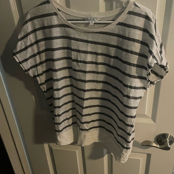 CAbi Women's Black & Gray Striped Linen Round Neck Cap Sleeve T-Shirt - Picture 1 of 2